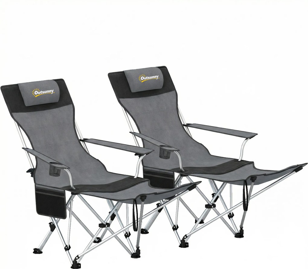 Outsunny Set de 2 Scaune de Camping Pliabile cu Suport pentru Picioare Detașabil, 82x100x88 cm, Negru | Aosom Romania