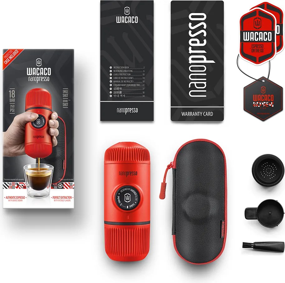 Aparat de cafea portabil Wacaco Nanopresso (roșu) + carcasă solidă