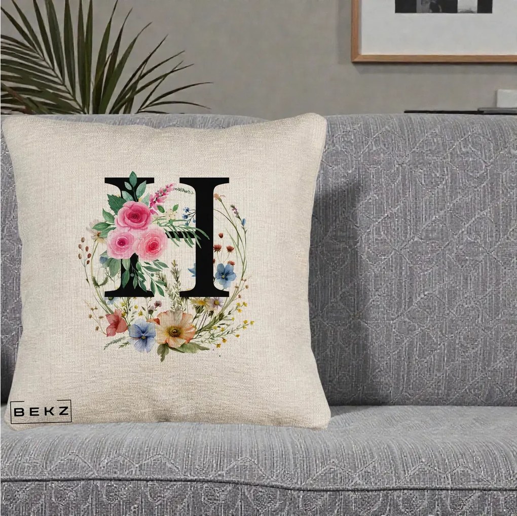 Cadou Personalizat - Perna Personalizata Monogram Litera H cu Flori Acuarela, 40x40 cm, Bej Canapea, Husa Detasabila, Perna Inclusa, BEKZ®