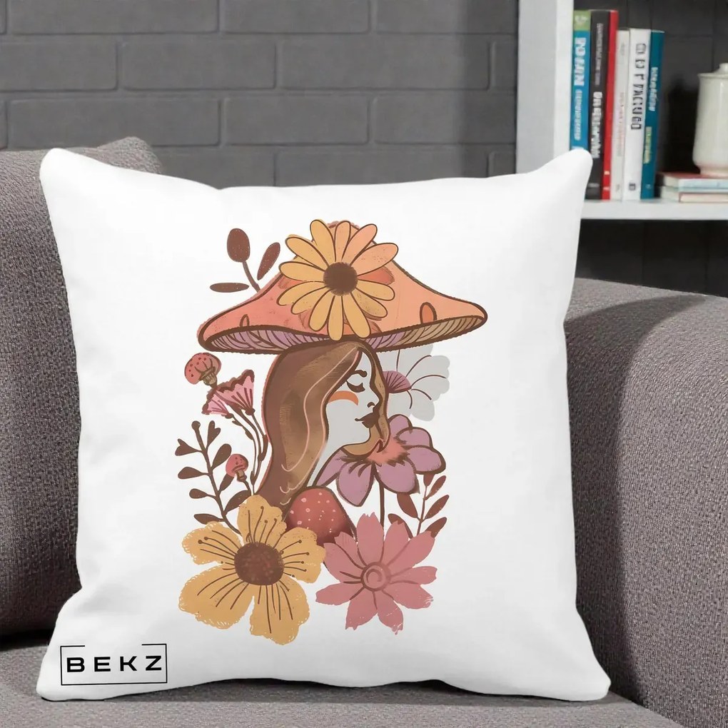 Perna Decorativa Fata Ciuperca Florala Boho, 40x40 cm, Alba Mata, Husa Detasabila, Perna Inclusa, BEKZ®