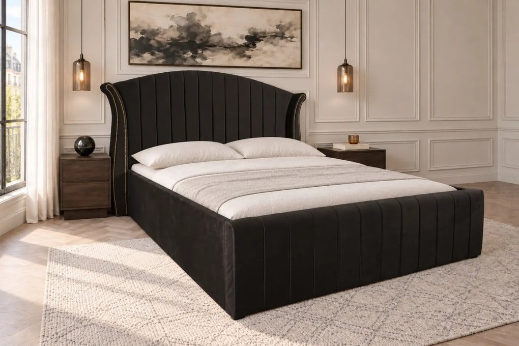 Pat tapițat din catifea Velluto Line 180×200 cm, negru, cu ladă de depozitare