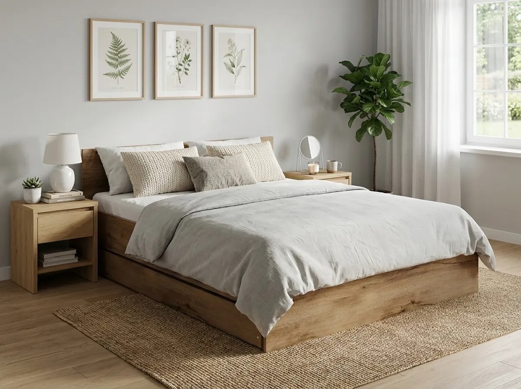 Pat ELISA 180 x 200 cm, stejar artisan Saltele: Cu saltele Deluxe 10 cm, Somiera pat: Cu lamele curbate