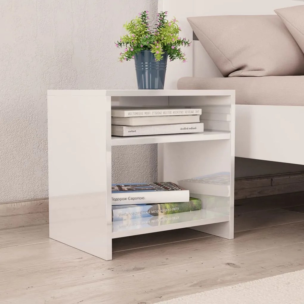 800022 vidaXL Noptiere, 2 buc., alb extralucios, 40x30x40 cm, lemn prelucrat