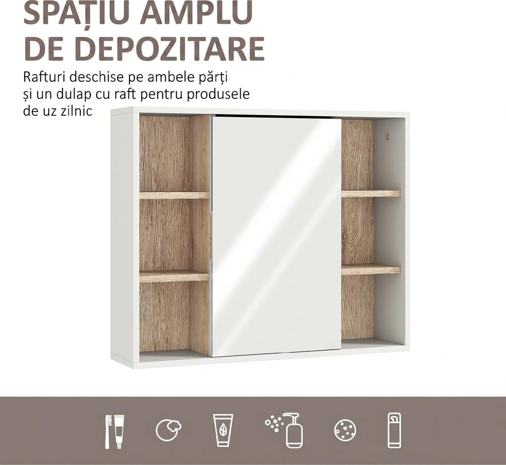 HOMCOM Dulap cu Oglinda din MDF si PAL, Dulap de Baie cu 3 Rafturi Laterale si Raft Interior Reglabil, 60x14.5x49.4 cm, Alb si Lemn Natur | Aosom RO