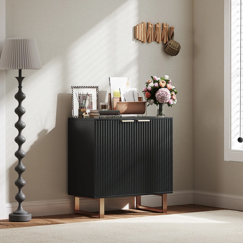 HOMCOM Bufet salon mobilier de depozitare stil modern cu dulap cu 2 uși canelate, raft ajustabil, picioare metalice, negru | Aosom Romania