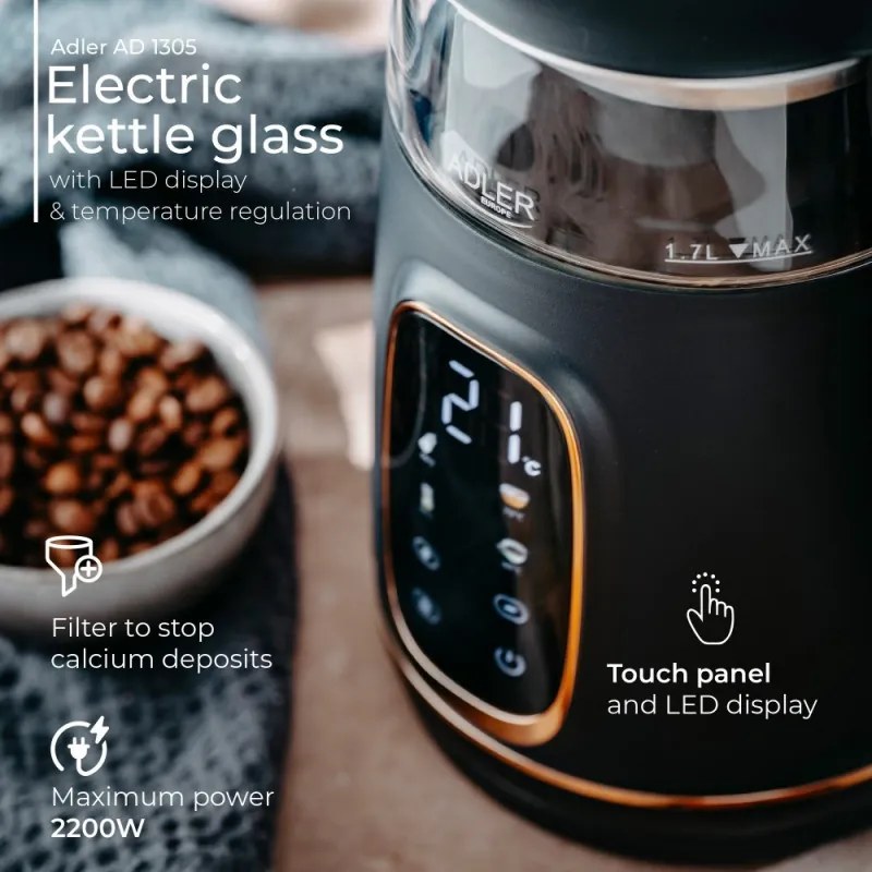 Cana electrica Adler AD 1305, 1850/2200 W, 1,7 l, Control tactil, Afisaj LCD color, 5 setari temperatura 40-100°C, Filtru antidecantare, Negru/galben