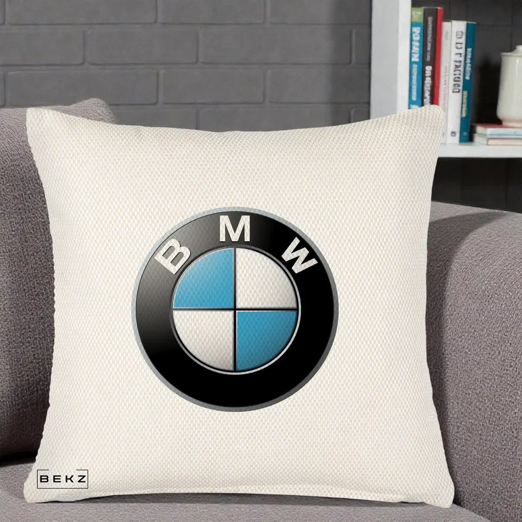 Perna Personalizata cu emblema BMW, 40x40 cm, Crem Reliefat, Husa Detasabila, Perna Inclusa, BEKZ®