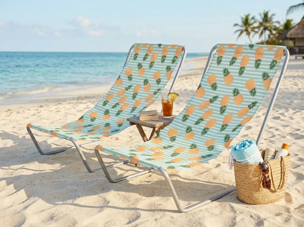 Set de 2 sezlonguri de plaja pliabile SAND PINEAPPLE, colorate