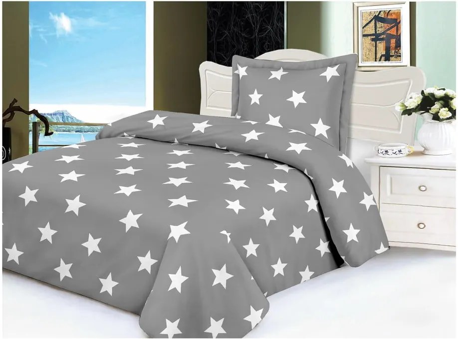 Lenjerie de pat din micropluș My House Stars, 140 x 200 cm, gri-alb