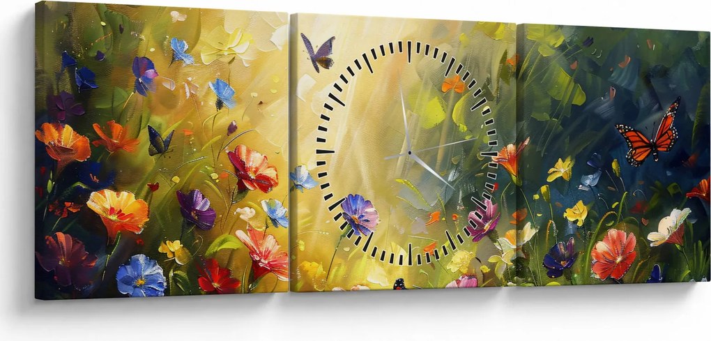 Tablou - Pajiște cu flori de primăvară, pictură (cu ceas) (90x30 cm)