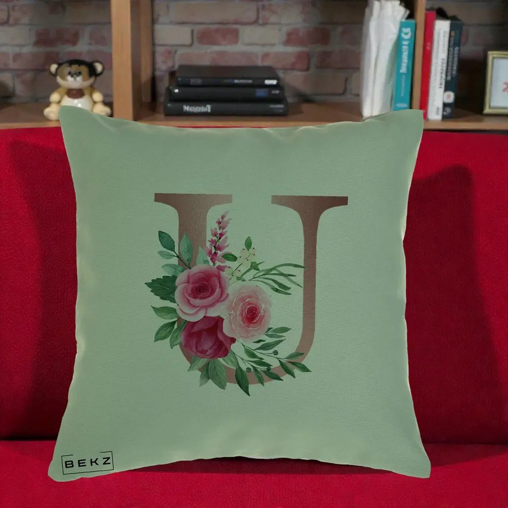 Cadou Personalizat - Perna Personalizata Monograma Rose Gold Litera U, 40x40 cm, Verde, Husa Detasabila, Perna Inclusa, BEKZ®