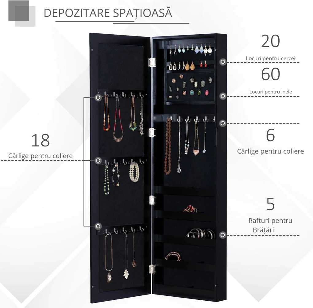 HOMCOM Dulap pentru Bijuterii cu Oglindă, Montare pe Perete, din Lemn MDF, Negru, 37x9.5x121 cm | Aosom Romania