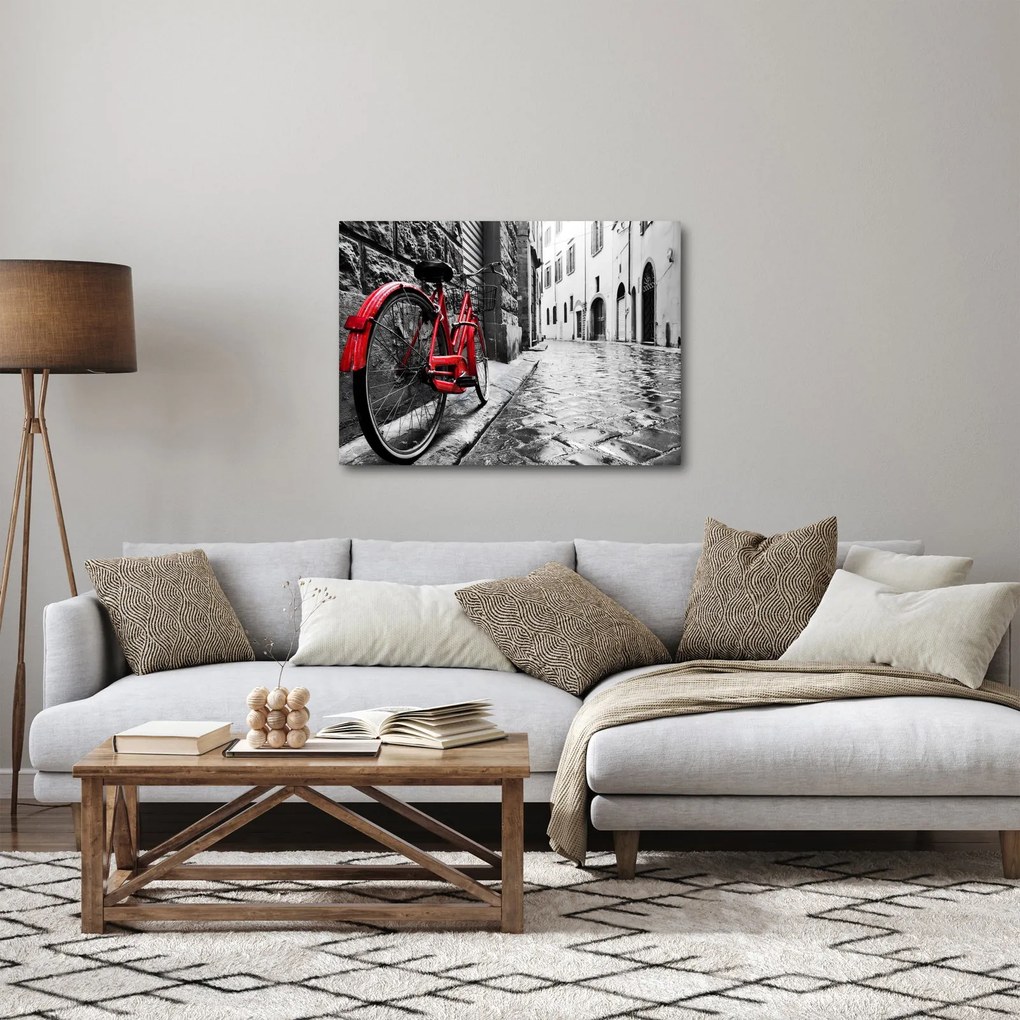 Tablou - Bicicleta roșie pe o stradă pavată (70x50 cm)