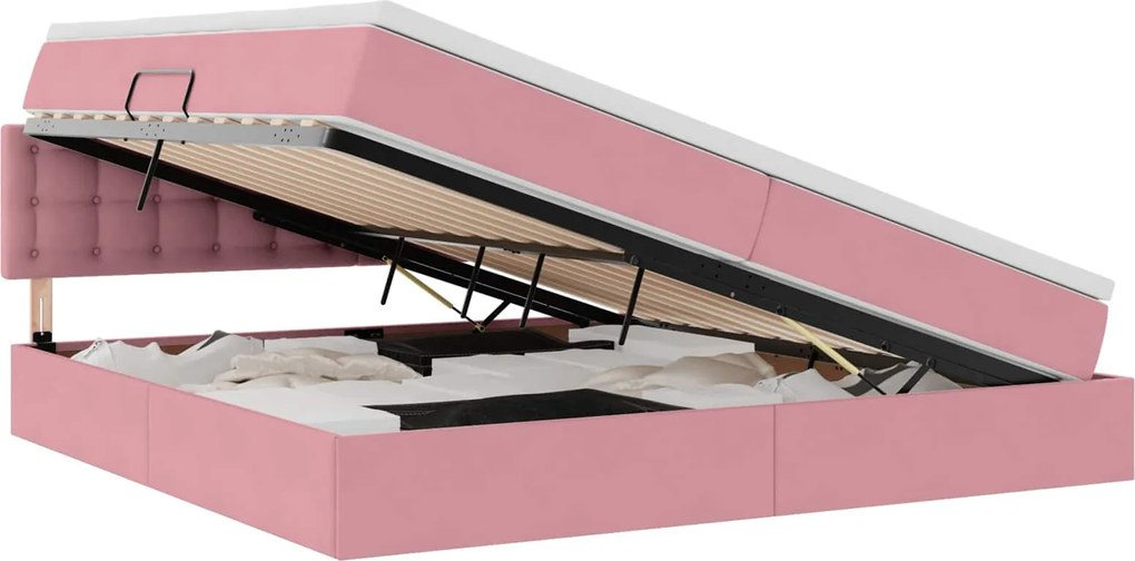 vidaXL Pat cu storage cu saltea cu headboard Roz 200 x 200 cm Catifea