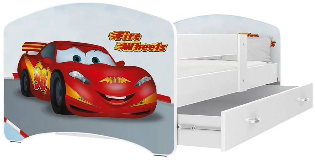 Supermobel Pat pentru copii cu imprimeu LUCKY P1 + saltea + somieră GRATIS, 140x80, alb/MODEL 08