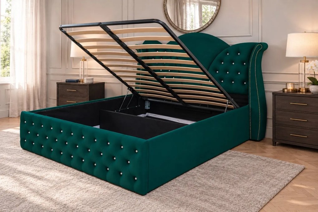 Pat tapițat Chesterfield din catifea Velora Cristal 160×200 cm, verde, cu ladă de depozitare