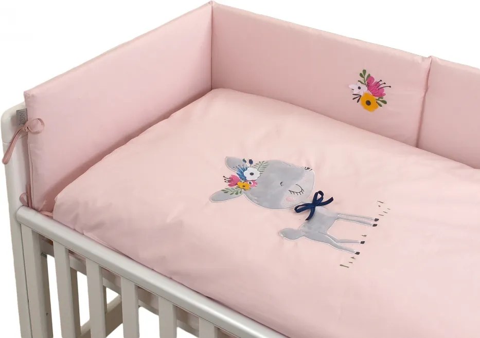 Set lenjerie din bumbac cu protectie laterala pentru pat bebelusi Deery Pink 120 x 60 cm