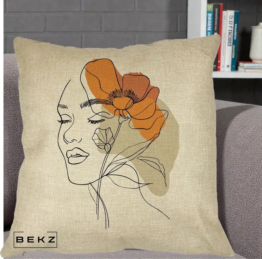 Perna Decorativa Portret Feminin Mac Mare Portocaliu, 40x40 cm, Crem, Husa Detasabila, Perna Inclusa, BEKZ®