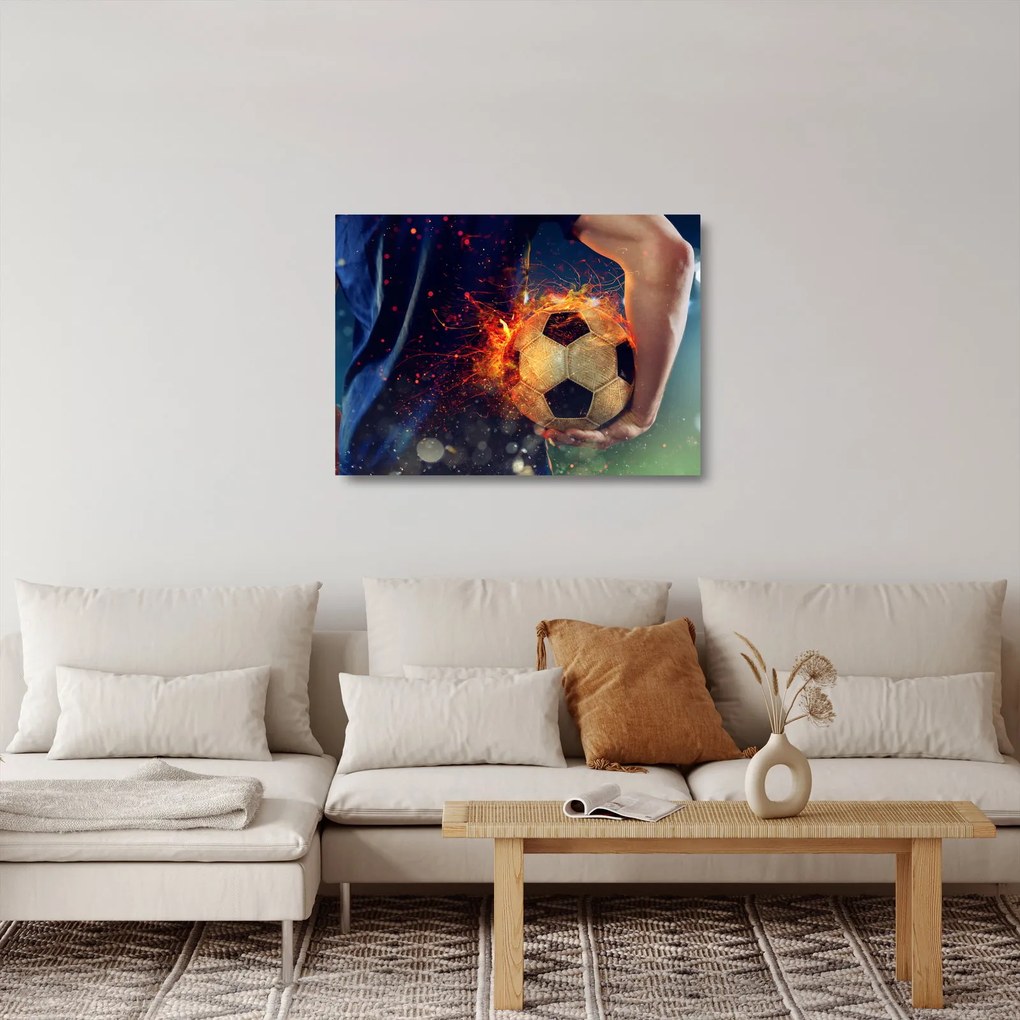 Tablou pe sticlă - Minge de fotbal în flăcări (70x50 cm)