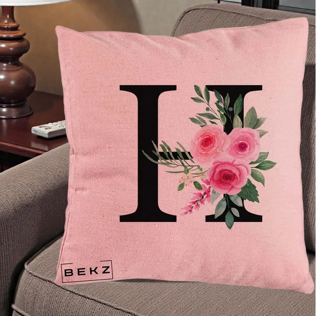 Cadou Personalizat - Perna Personalizata Monograma Florala Litera H cu Trandafiri Roz, 40x40 cm, Roz, Husa Detasabila, Perna Inclusa, BEKZ®