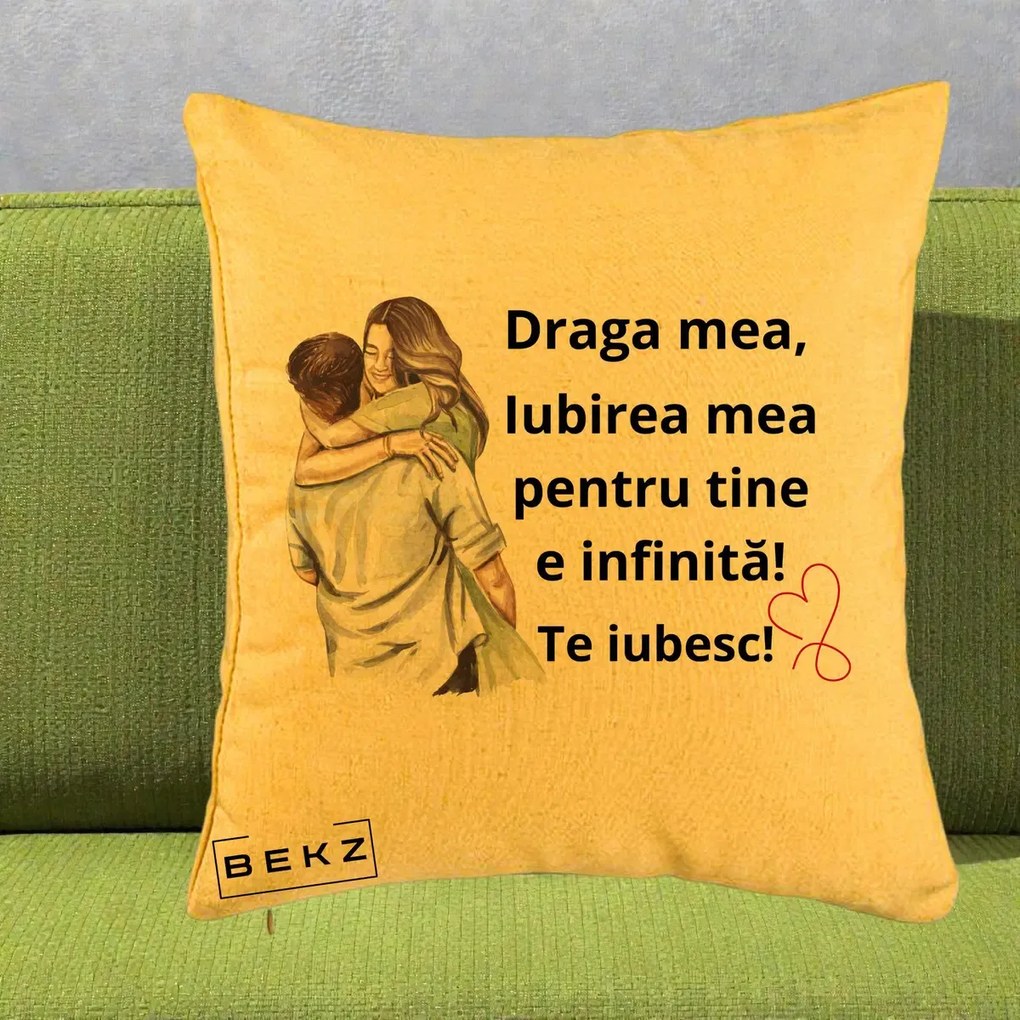 Cadou pentru Iubita - Perna Personalizata Draga Mea Iubirea Mea Infinita Te Iubesc cu Cuplu Acuarela, 40x40 cm, Galben, Husa Detasabila, Perna Inclusa, BEKZ®