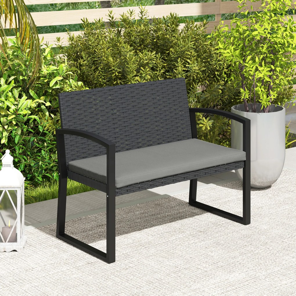 Outsunny Banc de grădină 2 locuri, banc de exterior din resină împletită PE cu pernă, oțel galvanizat, 103x58x78cm, gri și negru | Aosom Romania