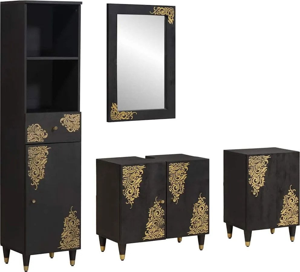 vidaXL Set dulap baie cu sertar cu ușă 4 pcs Negru Lemn de mango solid