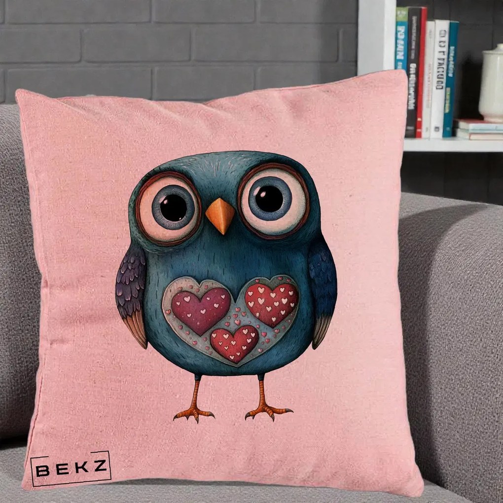 Perna Decorativa Bufnita Teal cu Doua Inimi, 40x40 cm, Roz, Husa Detasabila, Perna Inclusa, BEKZ®