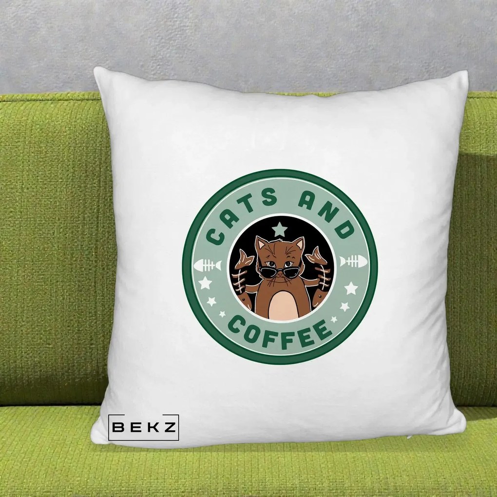 Perna Personalizata Cats and Coffee Starbucks, 40x40 cm, Alb Pufos, Husa Detasabila, Perna Inclusa, BEKZ®