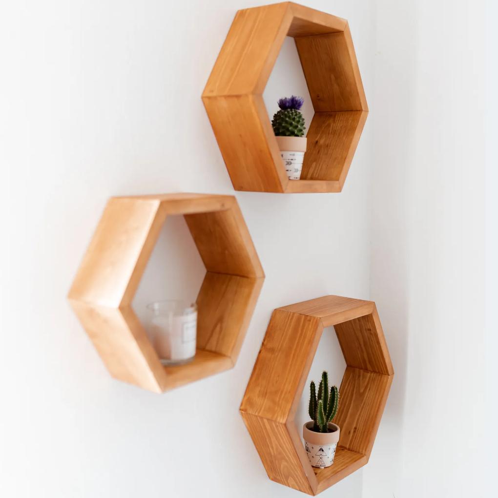 Set rafturi hexagonale pentru perete, lemn masiv
