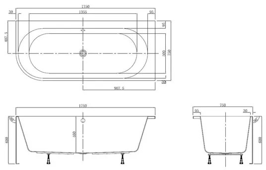 Cada freestanding Kreiner Andrea 175x75 cm finisaj alb dreapta lipita de perete BTW