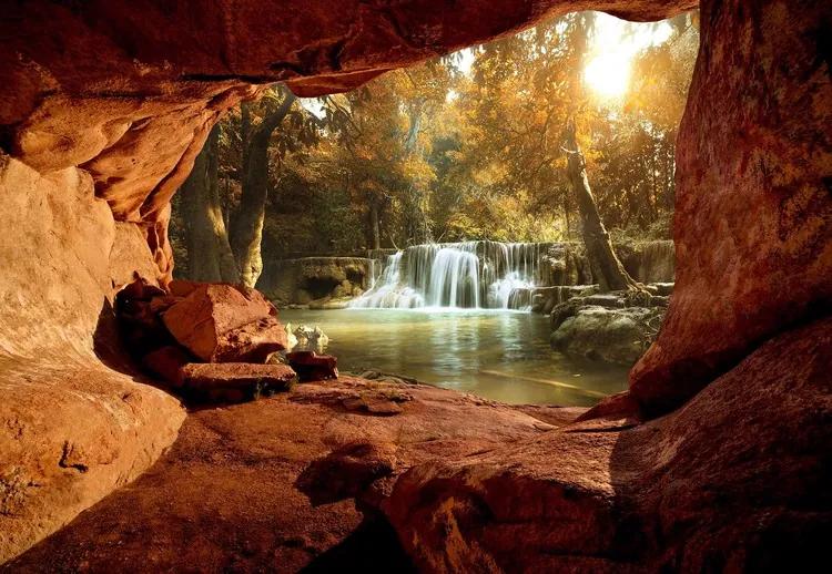 Lake Forest Waterfall Cave Fototapet, (91 x 211 cm)