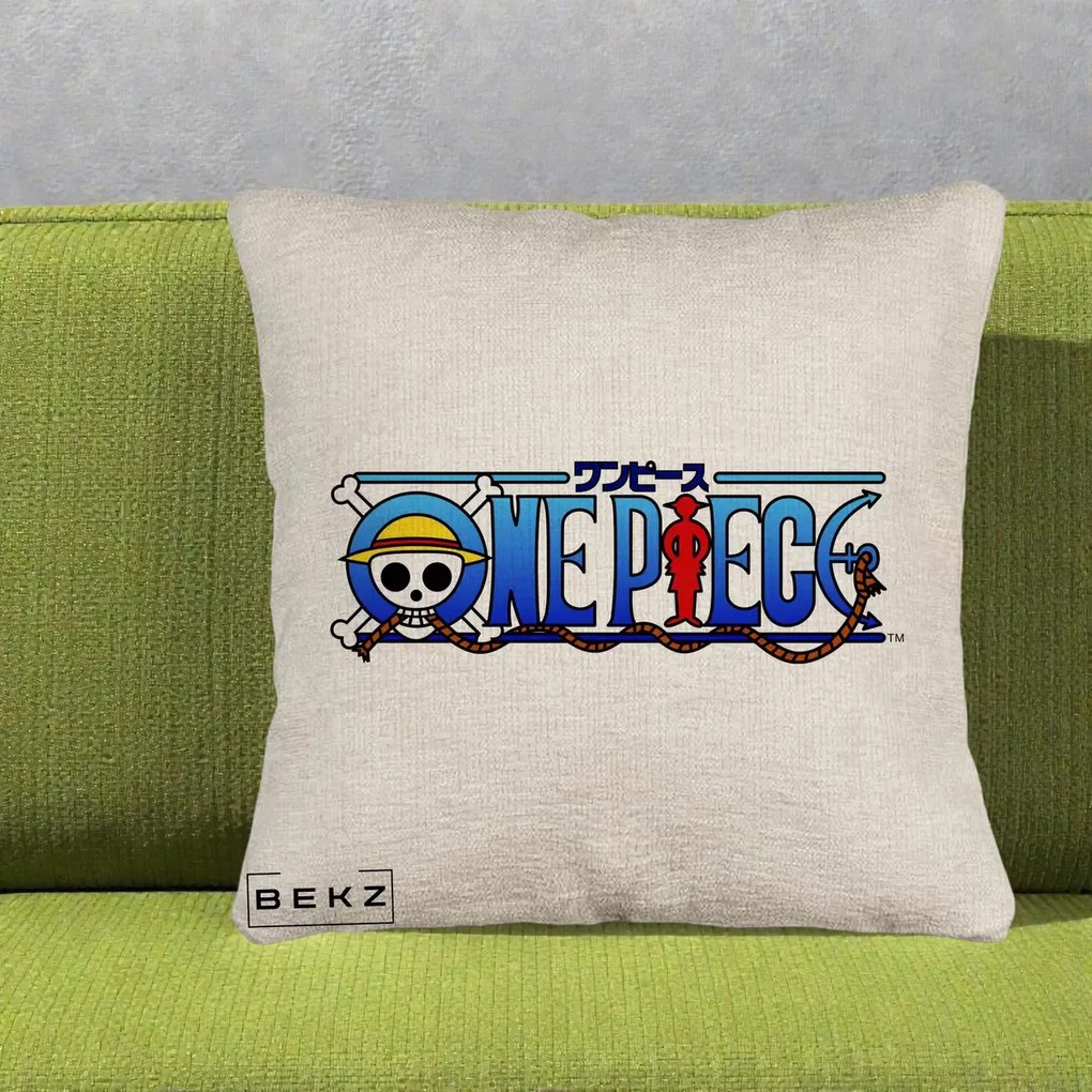 Perna Personalizata One Piece Clasic Albastru, 40x40 cm, Bej Canapea, Husa Detasabila, Perna Inclusa, BEKZ®