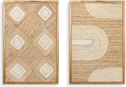 Set 2 tablouri decorative din iută cu relief în ramă din lemn de acacia, 60×90 cm, „Hemp"
