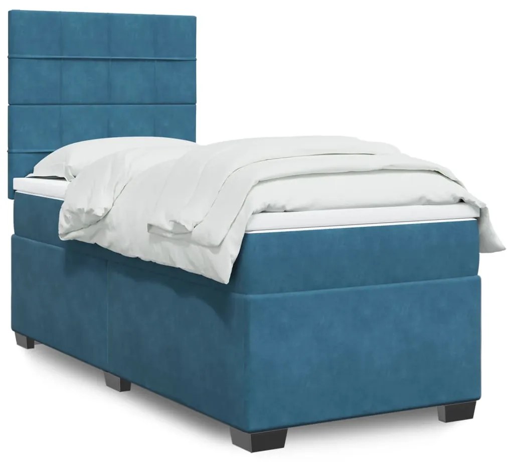 vidaXL Pat box spring cu saltea, albastru, 90x190 cm, catifea