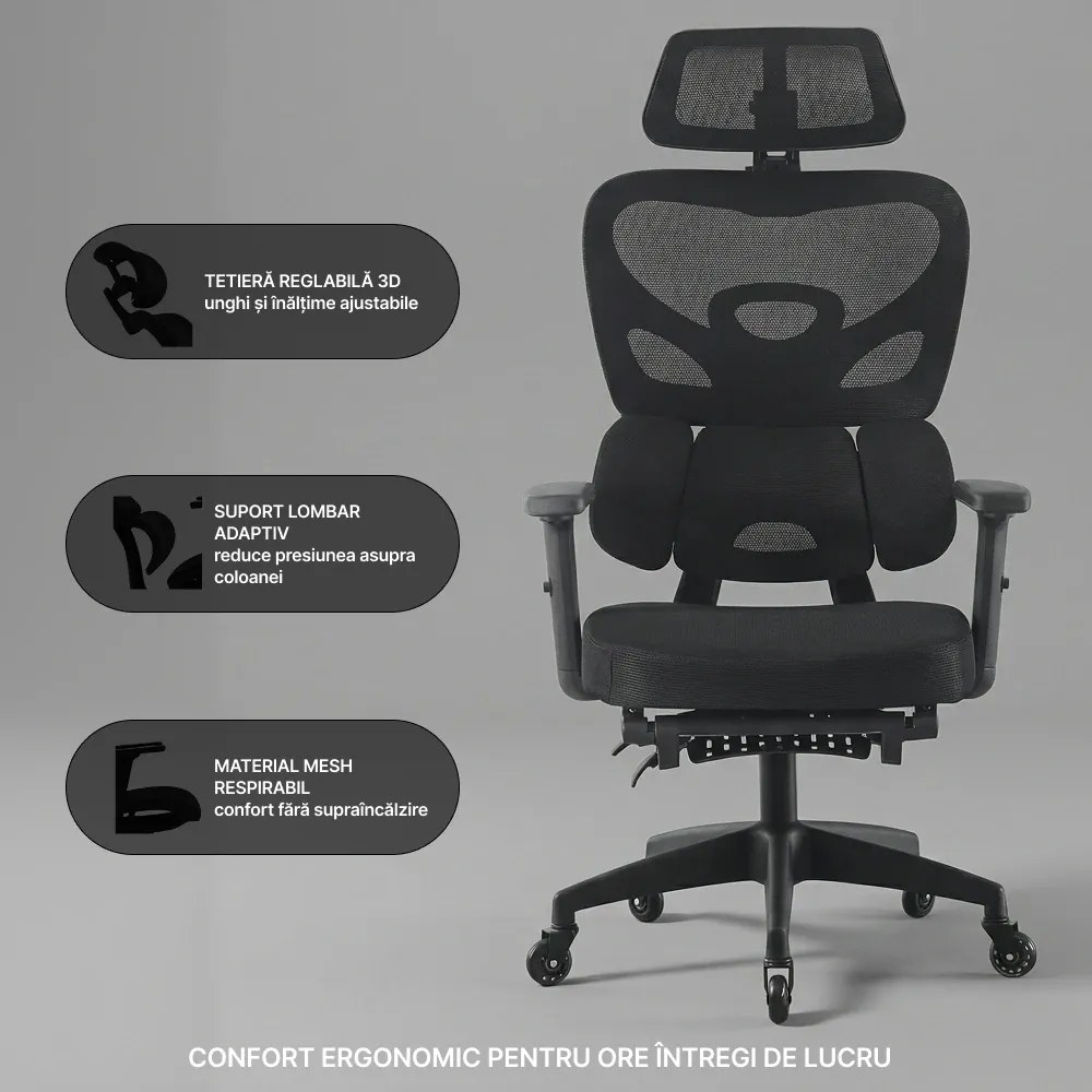 Scaun ergonomic, Suport Lombar 3 Zone Dinamice, Spătar ajustabil pe inaltime, cotiere 3D, tetiera 3D, suport pentru picioare, umeras, pivotant, Mesh, Negru