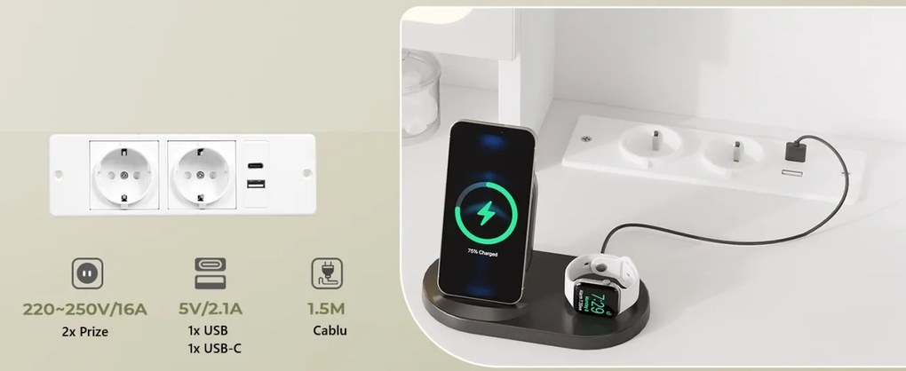 SEA1 - Set Masa toaleta 104 cm, cu 3 sertare, Cu Priza, USB si USB-C, cosmetica, machiaj, oglinda cu LED, masuta vanity, make-up - Alb