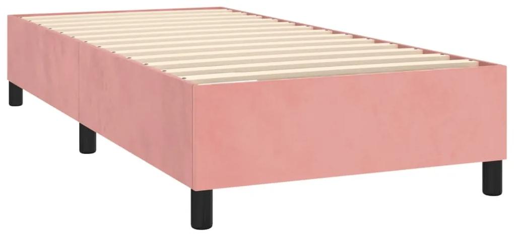 Pat box spring cu saltea, roz, 90x200 cm, catifea Roz, 90 x 200 cm, Culoare unica si cuie de tapiterie