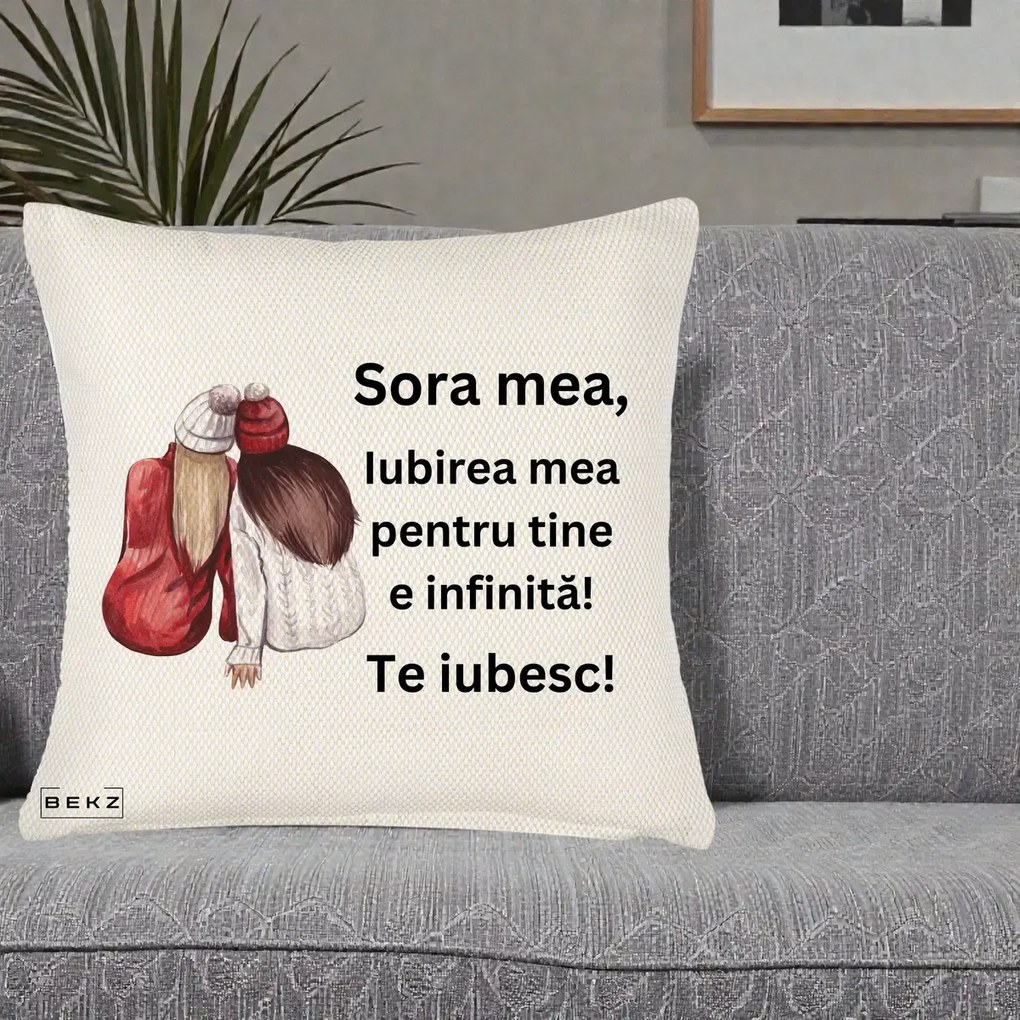 Cadou pentru Sora - Perna Personalizata Sora Mea Te Iubesc Doua Fete Iarna Acuarela, 40x40 cm, Crem Reliefat, Husa Detasabila, Perna Inclusa, BEKZ®