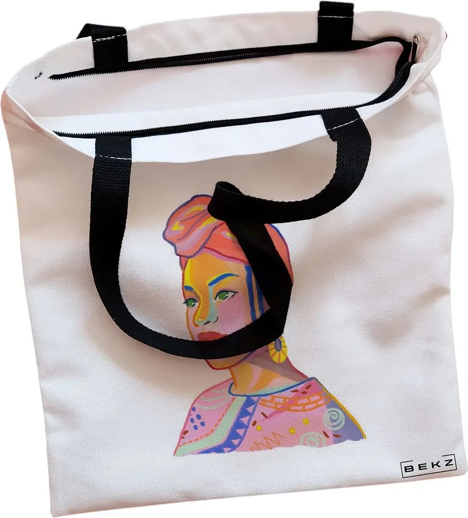 Sacosa de Panza pentru Cumparaturi, Geanta Tote, model Portret Vibrant, Cu fermoar, 38x34.5 cm, Alba, BEKZ®