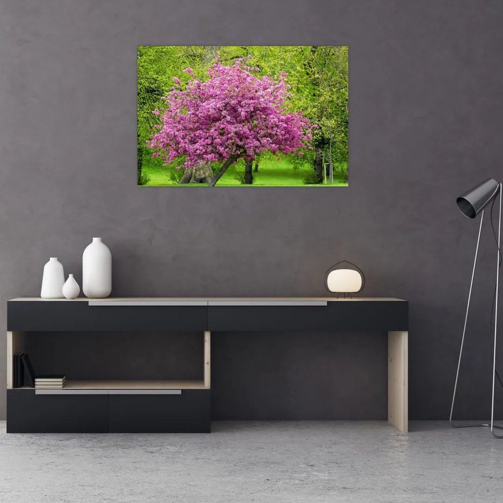 Tablou cu pom înflorit pe luncă (90x60 cm)