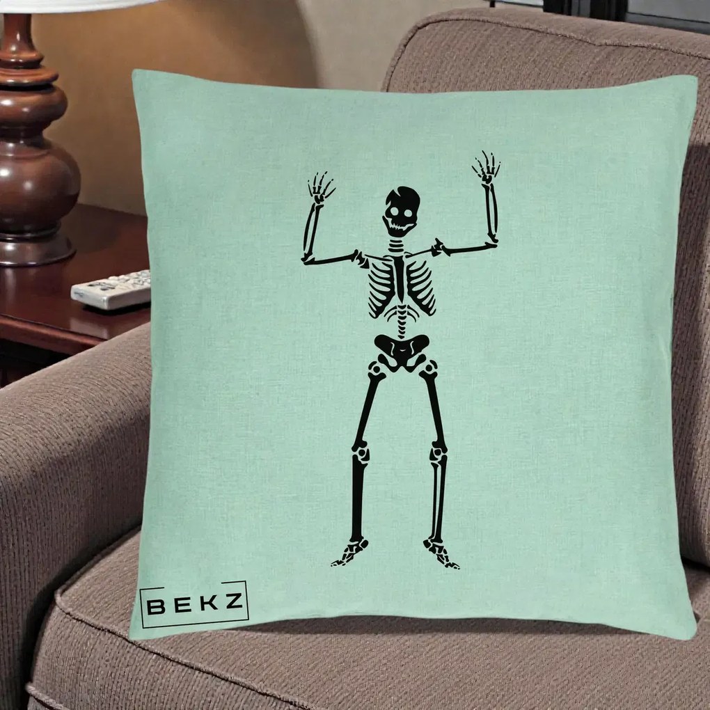 Perna Decorativa Halloween Schelet Dansator, 40x40 cm, Verde Menta, Husa Detasabila, Perna Inclusa, BEKZ®