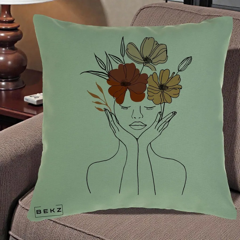Perna decorativa line art Portret Feminin Coroana Trei Flori, 40x40 cm cu Umplutura, Verde, BEKZ