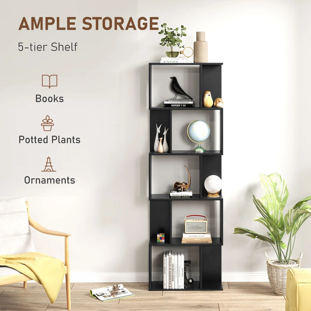 HOMCOM Bibliotecă cu 5 Rafturi Divizate în Formă de S din Lemn, 60x24x184.5 cm, Negru | Aosom Romania