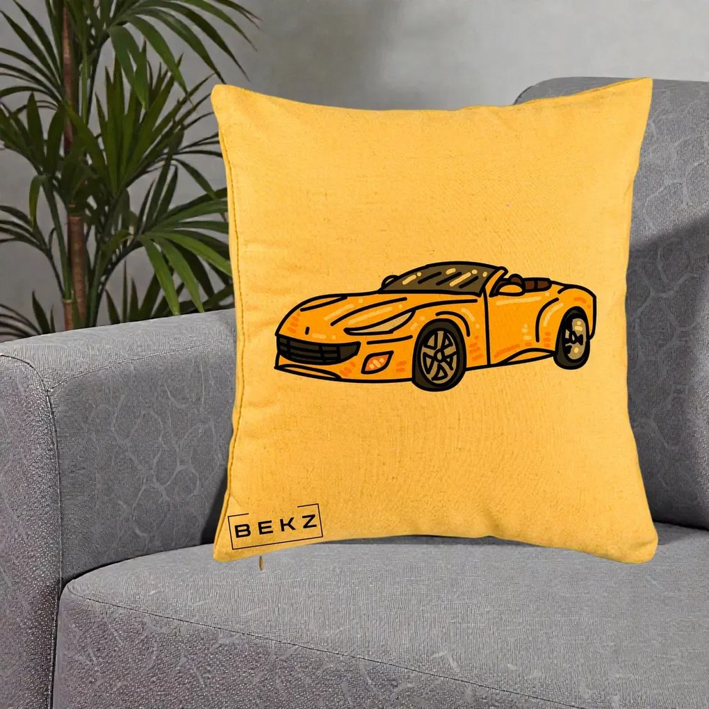Perna Personalizata Masina Cabriolet Galbena Grafic, 40x40 cm, Galben, Husa Detasabila, Perna Inclusa, BEKZ®