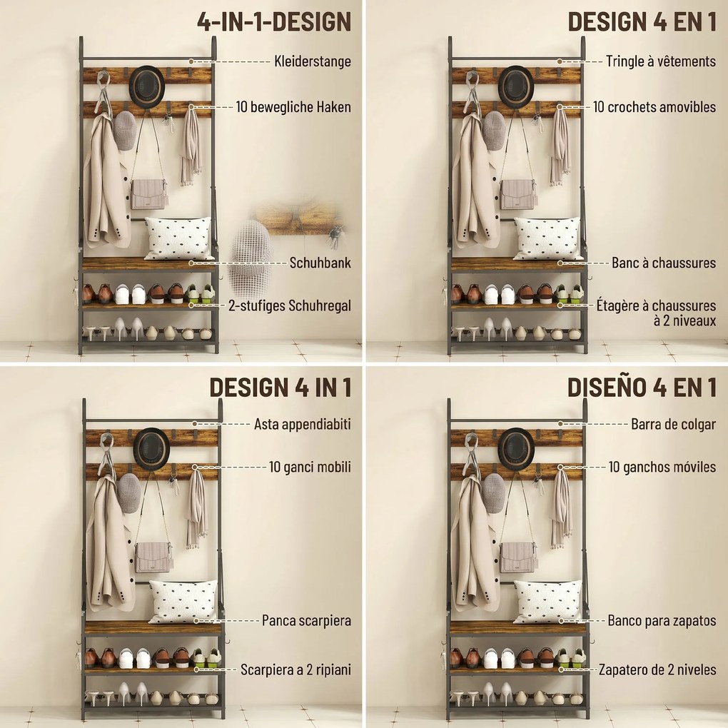 HOMCOM Suport de Haine de Intrare cu Bară, 10 Cârlige Mobile, Bancă și Raft pentru Încălțăminte, Mobilier în Pal și Metal, Design Industrial, 80x40x182 cm, Maro și Negru | Aosom Romania