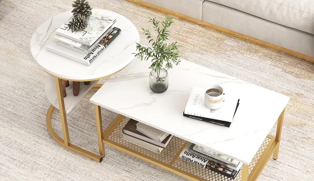 MCAU19 - Set 2 masute de cafea 80 cm si 52 cm, mese pentru living - Alb - Negru / Auriu