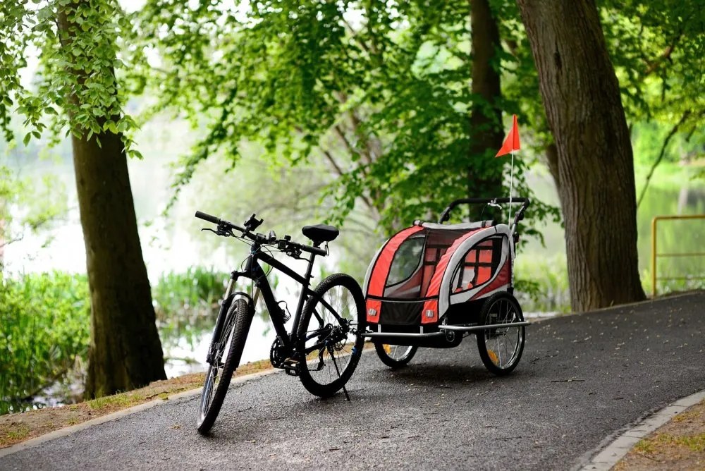 Remorcă pentru biciclete cu 2 locuri cu amortizor + JOGGER roșu