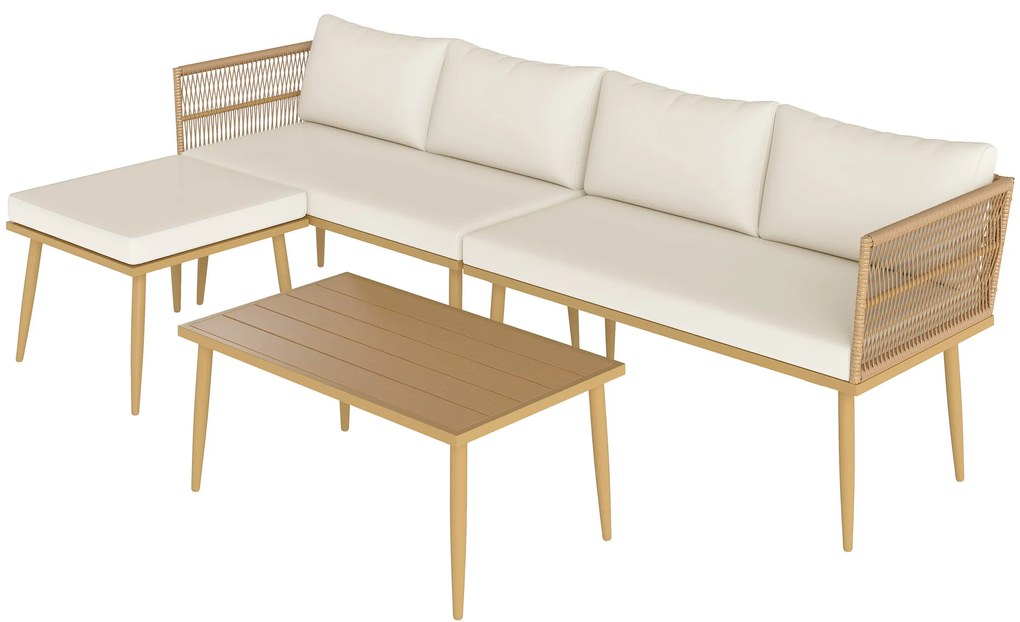 Outsunny Salon de grădină exterior din rășină impletită 5 locuri modular 2 canapele, pouf și masă de cafea, perne incluse, crem | Aosom Romania