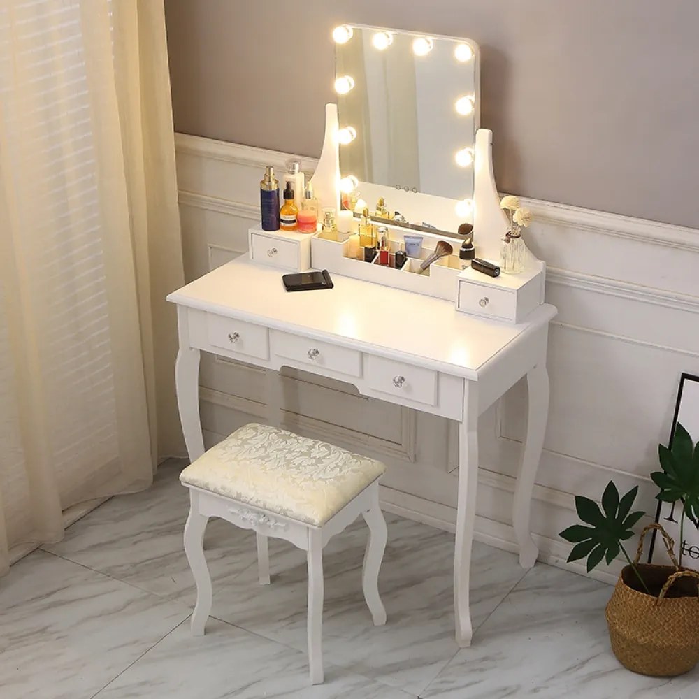 Set Henrieta, Masă de toaletă cu oglindă iluminată LED, control touch, 5 sertare, scaun, Alb,